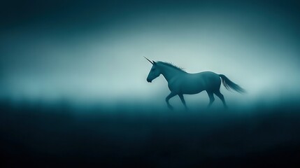   A photo of a horse in a foggy field with its head turned to resemble a unicorn