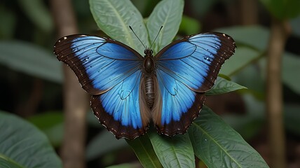 Close-up of a vibrant blue butterfly resting on green foliage, showcasing its delicate beauty and the wonders of nature&rsquo;s biodiversity.