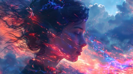 Obraz premium Woman's face merging with fiery, colorful sky.