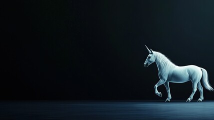 Obraz premium A white unicorn turns its head to the side, standing in the center of a dark room