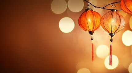 Obraz premium A cluster of orange lamps dangling from a cord against a light brown backdrop, surrounded by soft out-of-focus illumination