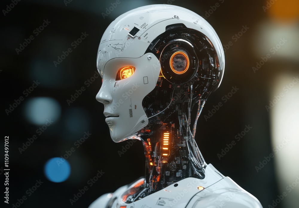 Poster futuristic humanoid robot with glowing features showcasing advanced technology and artificial intell