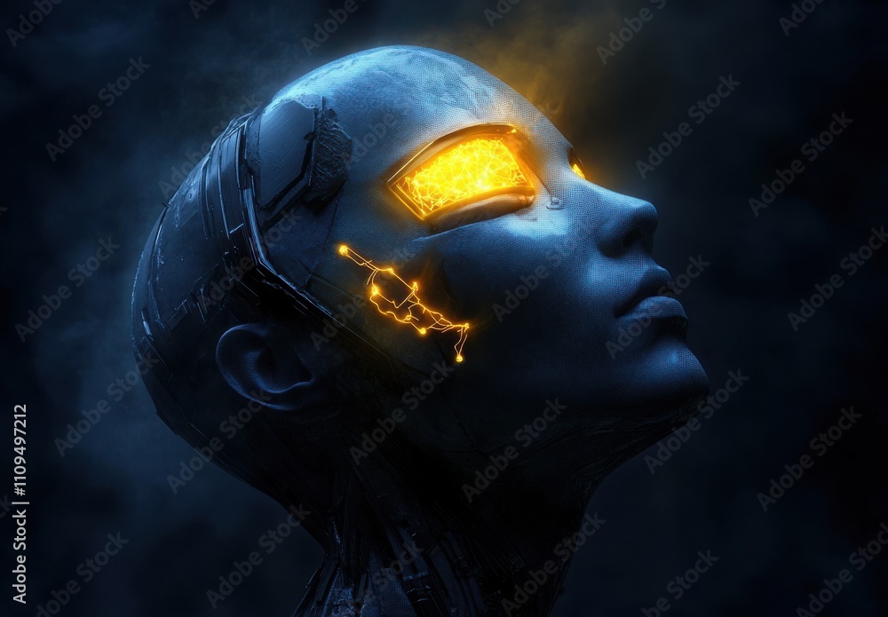Poster futuristic robot with glowing features showcasing advanced technology and human-like qualities in a 