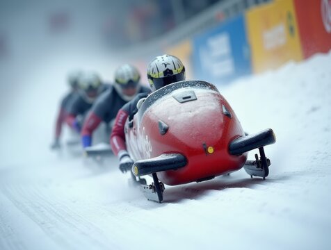 bobsleigh team racing down an icy track, with the sled in motion and snow flying behind, showcasing the teamwork involved