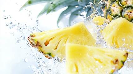   A group of pineapples bobbing in water alongside a half-cut pineapple stacked atop one another