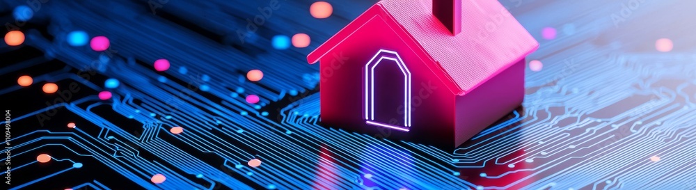 Poster a tiny house model displayed on an abstract, futuristic background, symbolizing the idea of a smart 