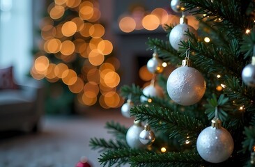 Christmas white ornament and Christmas tree closeup, bokeh on lights background. Christmas and New Year greeting card