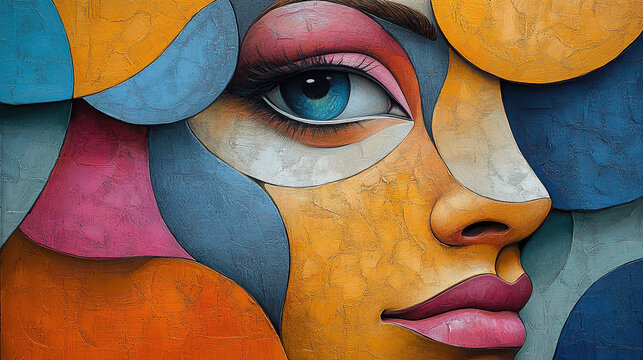Colorful abstract mural showcasing a woman's face with vibrant geometric patterns and striking blue eye detail. Generative AI