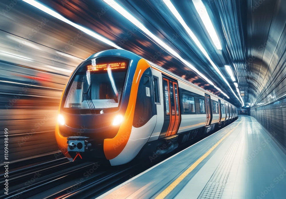 Poster high-speed modern train in motion captured in a dynamic underground station setting with blurred lig