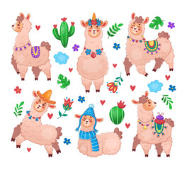 Naklejka premium Llama cute. Animal alpaca cartoon flat style isolated illustration. Childs pet character from Peru. Babys funny icon. Colorful Mexican mammal. Vector children illustration tidy stickers collection