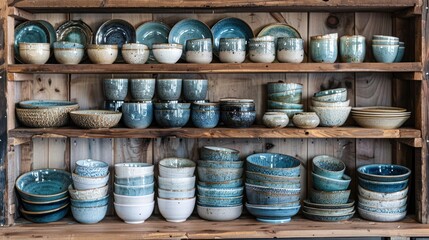 Rustic wooden shelves display various sizes and shades of ceramic bowls and cups.