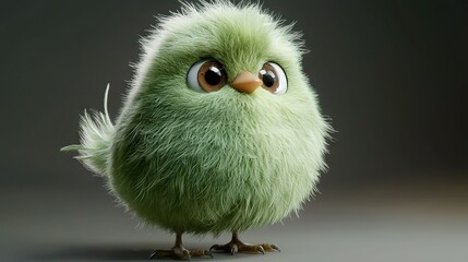Fototapeta premium Close-up image of a tiny green bird with an astonished expression against a gray backdrop
