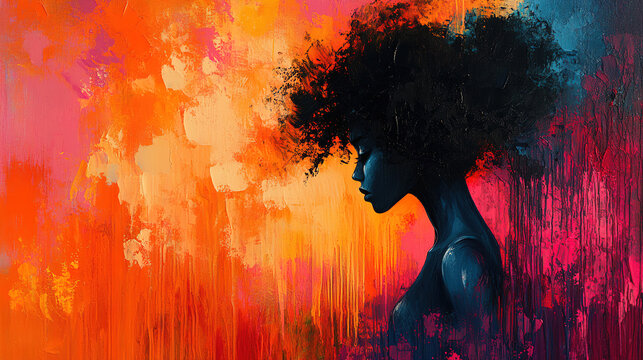 Vibrant silhouette of a woman with an afro against a colorful abstract background. Generative AI