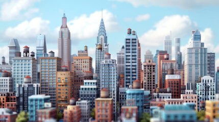 Stylized cityscape skyline with various buildings and water towers under a partly cloudy sky.