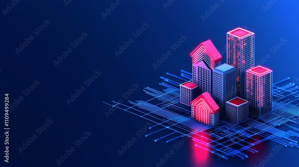 Poster isometric design showcasing a smart city or intelligent building. example of building automation usi