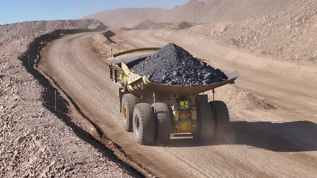 Loaded Mining Trucks Advancing Through an Open-Pit Copper Mine in Chile - High-Tonnage Mineral Transportation in a Rugged Mining Landscape