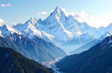 Fototapeta premium Beautiful landscape of snow-capped mountains. Panoramic view of mountainous area with peaks. 
