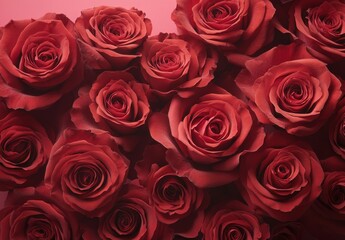Obraz premium Lush Arrangement of Red Roses on a Soft Pink Background, Conveying Love, Romance, and Elegance, Perfect for Special Occasions and Celebrations