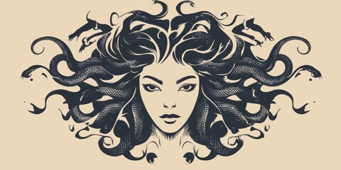 Majestic illustration of a mythical creature with serpentine hair captivating the viewer\'s imagination in an artistic surreal style