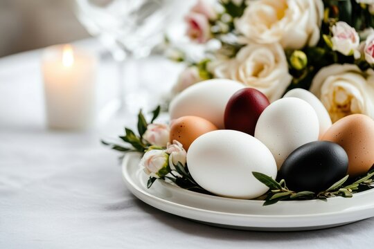 holiday table decor, easter brunch setup with colorful eggs, fresh flowers, and sunlight streaming through windows on a rustic table