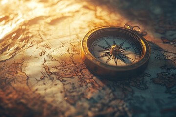 Compass on antique world map with warm lighting