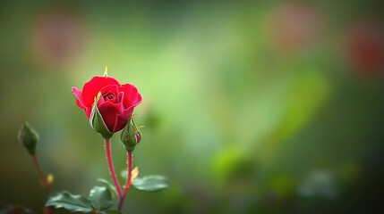   A lone red rose stands out amidst green foliage, with a blurry background behind it
