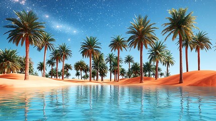 Obraz premium Oasis at night with palm trees and clear water reflecting the starry sky.