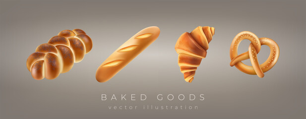 Bakery 3D. Bread food baking symbol. Croissant, baguette and German pretzel, Challah. Icon wheat breakfast, cooking pastry grain, confectionery product. Render isolated elements. Vector realistic set
