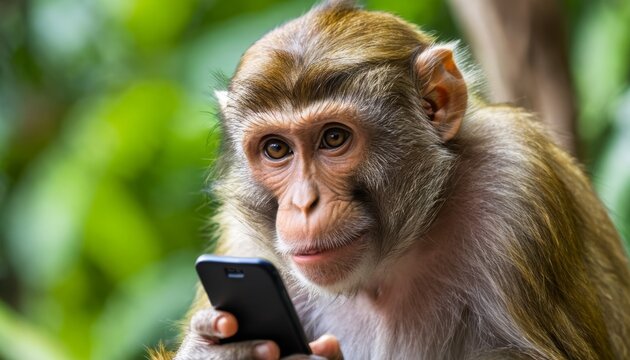 illustration of a monkey using smartphone phone in jungle