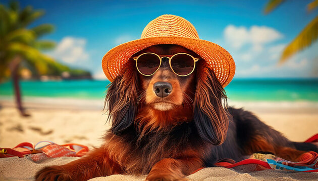 Perro con gafas de sol y sombrero en la playa en verano.  Imagen graciosa, cuqui, tierna