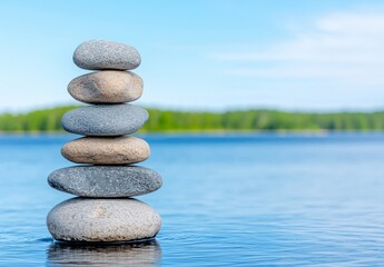 In this 3D illustration, a stack of stones in the serene sea represents the concept of meditation.