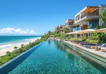 Fototapeta premium Luxurious beachfront resort with stunning infinity pool overlooking tropical ocean and beautiful sandy shore under a clear blue sky, perfect for relaxation and escape.