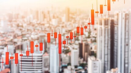 Market Growth Visualization Urban Landscape Financial Data City View Economic Trends Red Candlestick Chart Over City