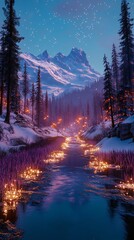 a snowy mountain road at night, with trees covered in snow and lights shining on the ground, the sky is dark blue, creating an atmosphere of tranquility and mystery, 
