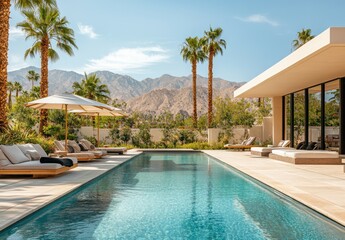 Fototapeta premium Luxurious Outdoor Pool Oasis Surrounded by Palm Trees with Majestic Mountain View and Modern Architecture in Sunny Desert Landscape