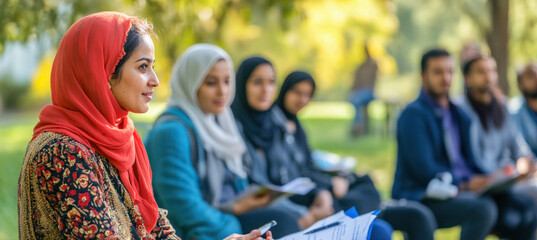 Group of muslim students studying together outdoors in university campus