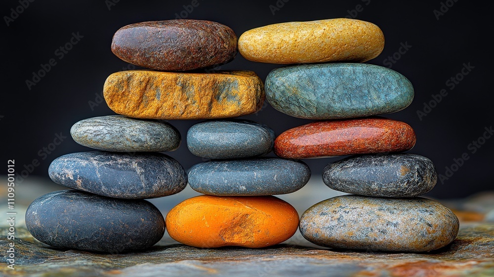 Poster a colorful stack of smooth pebbles showcasing natural textures and colors on a dark background for c