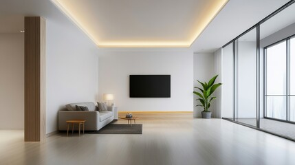 A large, empty room with a white ceiling and white walls