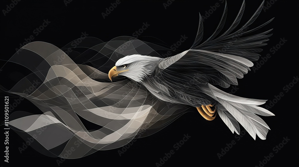 Sticker   A white and black eagle soaring in the sky, its wings fully extended against a dark backdrop