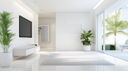 A large, open living room with a white couch, a potted plant, and a fireplace