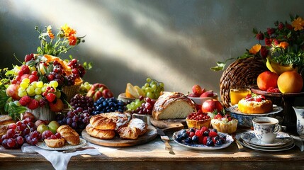 Fototapeta premium Fruit, pastries, vase, and basket displayed atop the table
