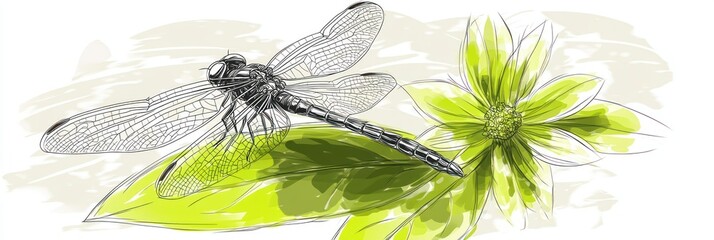 A detailed illustration of a dragonfly perched on a leaf beside a flower.