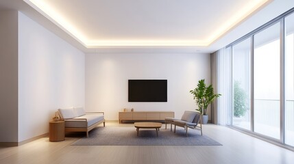 Fototapeta premium A modern living room with a white couch, a coffee table, and a television