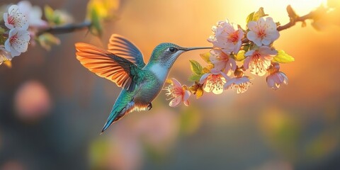 Fototapeta premium Colorful hummingbird hovering near delicate blossoms during a warm sunset in a serene garden