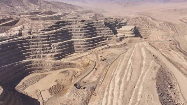 Aerial Drone Footage of Open-Pit Mining Operations in the Chilean Desert - Roads, Trucks, and Large-Scale Copper Mining Activities
