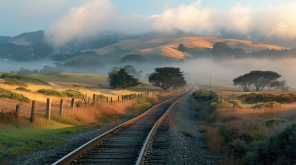 Misty morning sunrise over railroad tracks in a rural landscape.