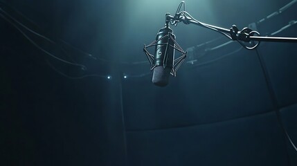 A detailed close-up of a modern broadcast microphone, hovering in a dark-blue studio space