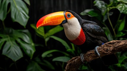 Fototapeta premium Vivid toucan perched on tree limb amidst lush foliage, framed by black fence