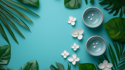 A blue background with two white flowers and two bowls