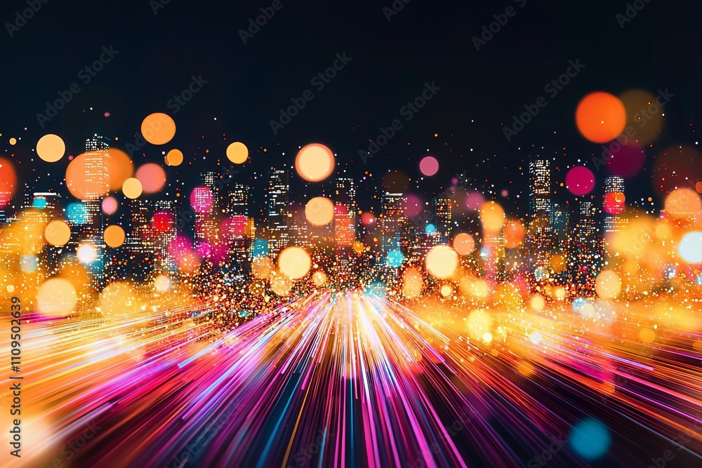 Poster fiber optic upgrade process. vibrant city skyline with colorful bokeh lights creating a dynamic urba